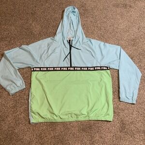 PINK Victoria's Secret Windbreaker Half Zip Pullover Blue Green Logo Tape M/L
